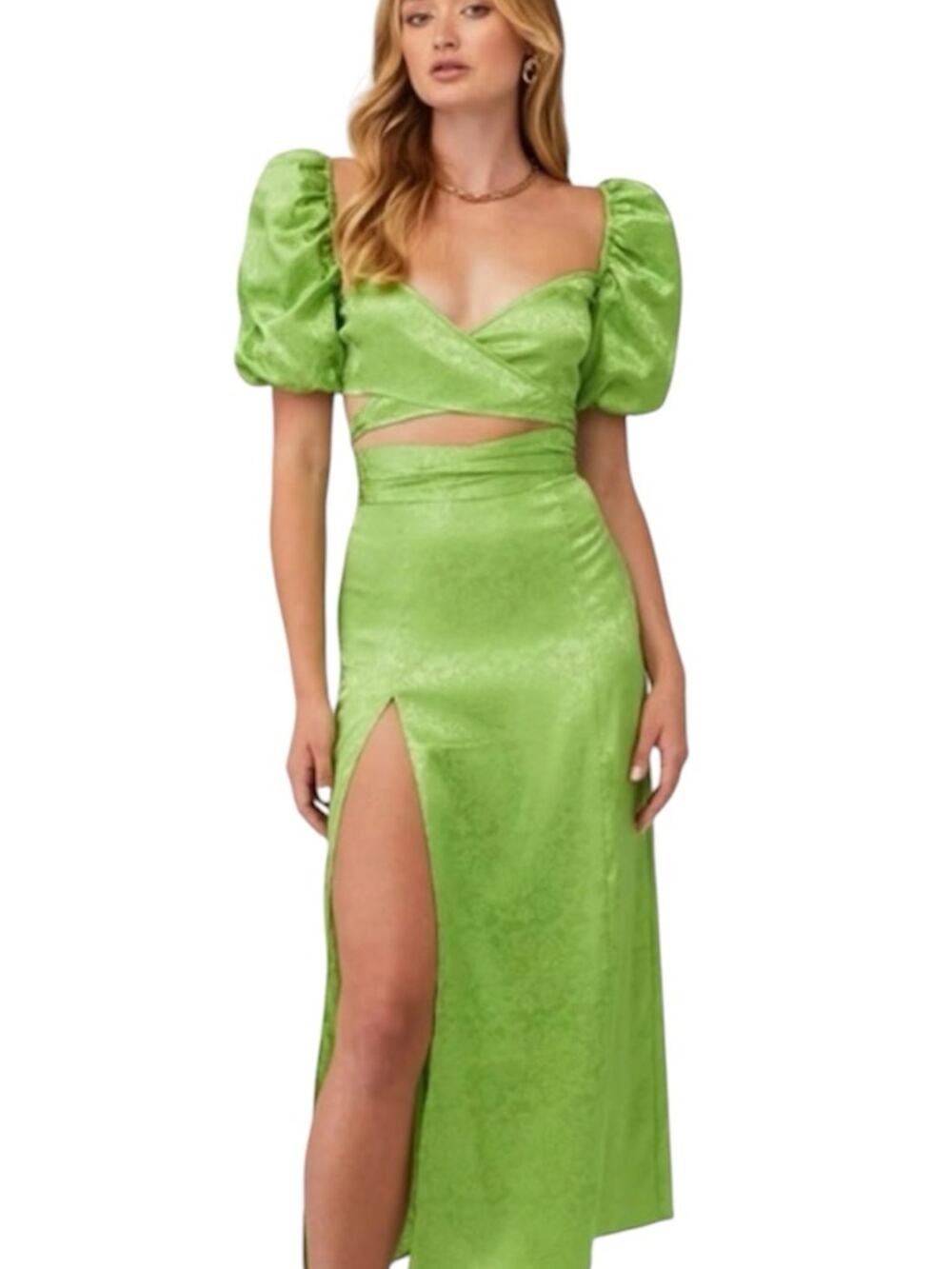 Ronny Kobo Green Jacquard Zano Top Womens XS Wrap Crop Blouse Puff Sleeve Boho\